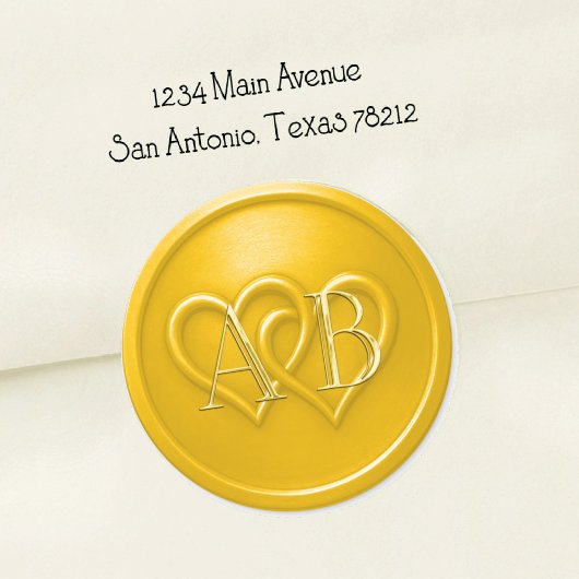Sticker Rond Mariage Monogramme Jaune à Deux Cœurs Entrelacés