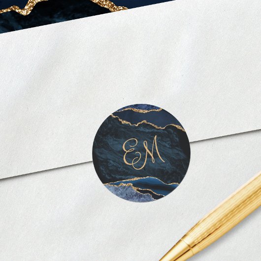 Sticker Rond Mariage Monogramme marbre marbré bleu marine