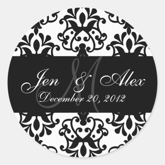 Sticker Rond Mariage Monogramme Mariée Groom Date Damask Seal (Devant)