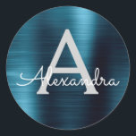 Sticker Rond Mariage Monogramme Métallique Foil Bleu<br><div class="desc">Moderne et élégant Blue Faux Girly Metallic Acier Inoxydable Foil Anniversaire,  Fête des mariées,  Baby shower ou Mariage Envelope ou Sceau Favor Sticker. Cet autocollant peut être customisé pour inclure votre nom initial et prénom pour un paquet cadeau.</div>