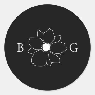 Sticker Rond Mariage Monogramme minimaliste Fleur sauvage tiré 