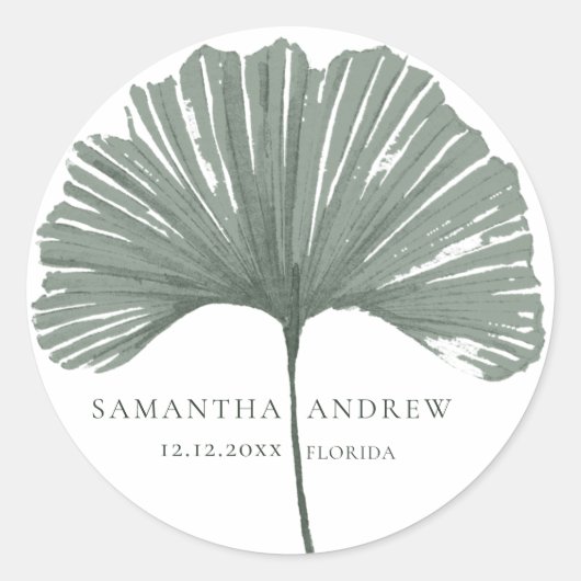 Sticker Rond Mariage Monogramme Moderne Ginkgo Vert (Devant)