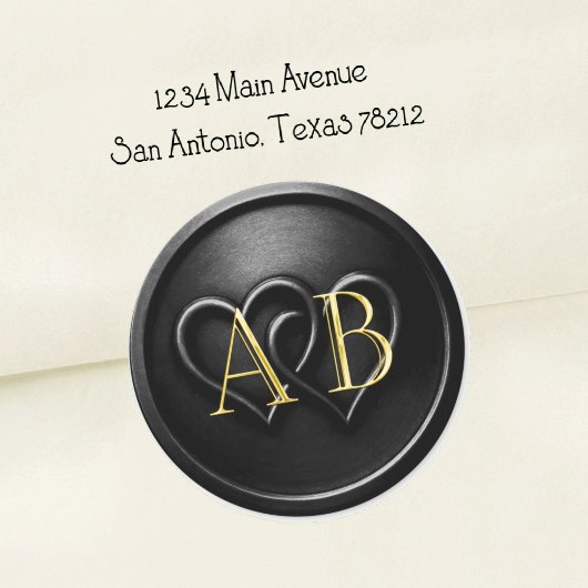 Sticker Rond Mariage Monogramme Noir à Deux Cœurs Entrelacés