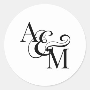 Sticker Rond Mariage Monogramme Noir Blanc Simple Élégant