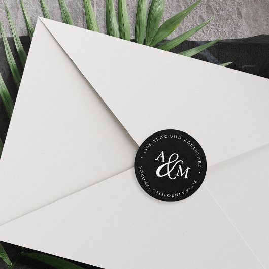 Sticker Rond Mariage Monogramme noir et blanc Adresse de retour