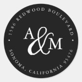 Sticker Rond Mariage Monogramme noir et blanc Adresse de retour (Devant)