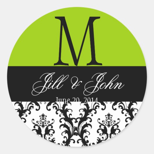 Sticker Rond Mariage Monogramme Noms Damask Apple Green Seal (Devant)