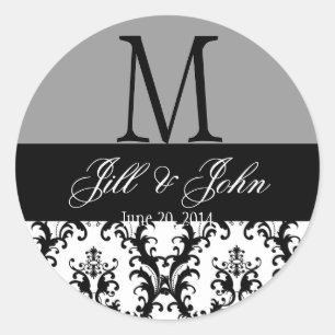 Sticker Rond Mariage Monogramme Noms Damask Grey Seal