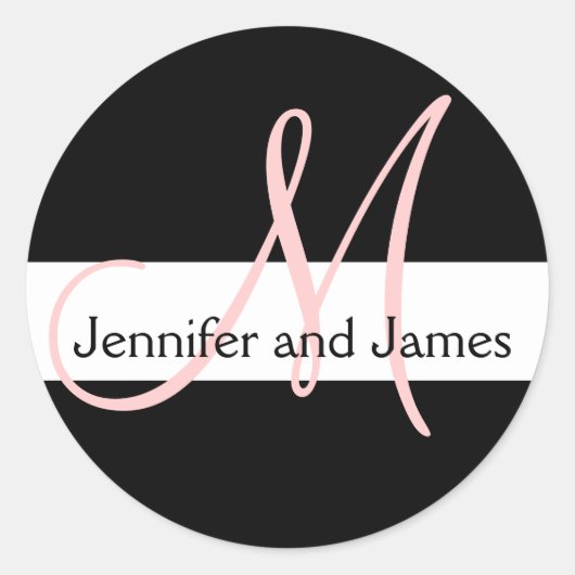 Sticker Rond Mariage Monogramme Noms initiaux Rose Blanc Noir (Devant)