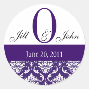 Sticker Rond Mariage Monogramme O Noms Date Paisley Purple Seal