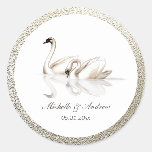 Sticker Rond mariage monogramme or texturé cygne blanc (Devant)