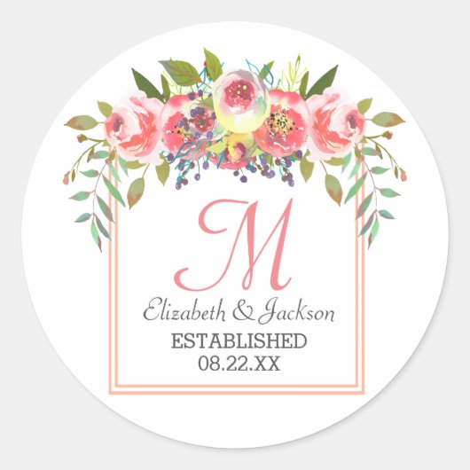 Sticker Rond Mariage Monogramme Peach Aquarelle Florale Wreath (Devant)