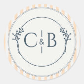 Sticker Rond Mariage Monogrammé Rayé Crème et Pêche (Devant)