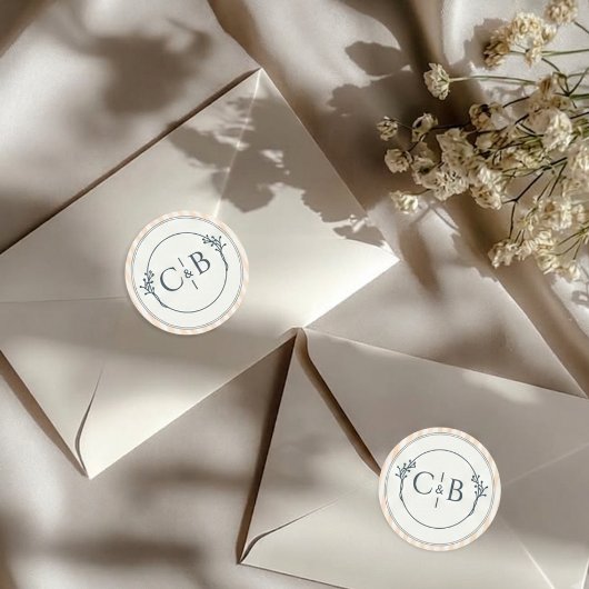 Sticker Rond Mariage Monogrammé Rayé Crème et Pêche