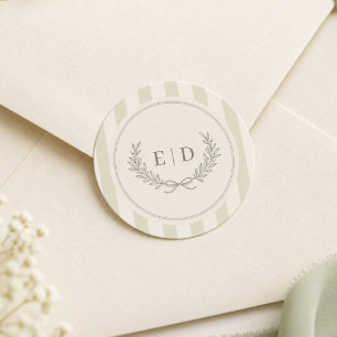 Sticker Rond Mariage Monogramme Rayé Vert Sauge