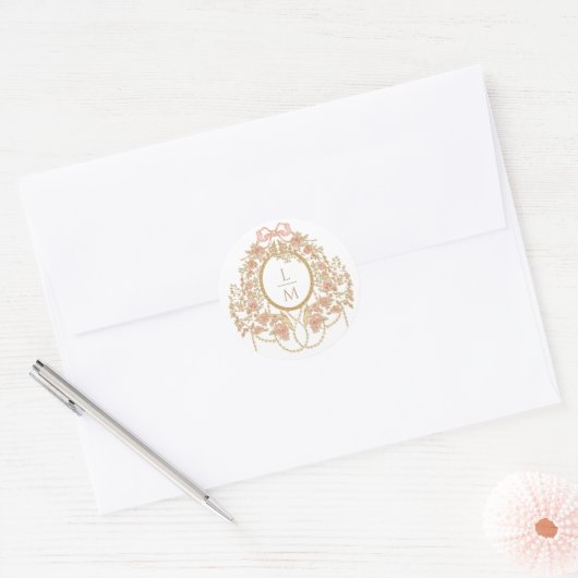 Sticker Rond Mariage Monogramme Rose Rococo Français (Enveloppe)
