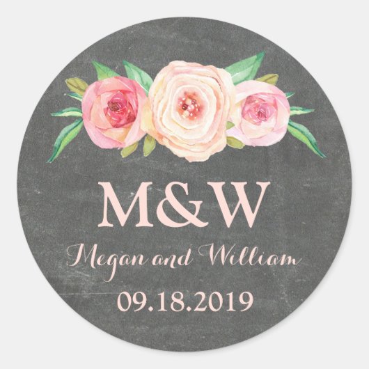 Sticker Rond Mariage Monogramme rose rose pâle Chalkboard (Devant)