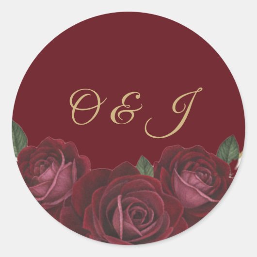 Sticker Rond Mariage Monogramme Script Or Rose Bourgogne Rouge (Devant)