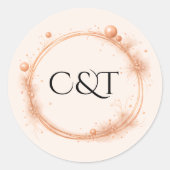Sticker Rond Mariage Monogramme Script Peach Gold Sparkle (Devant)