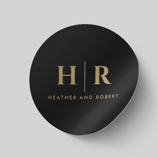 Sticker Rond Mariage Monogramme Simple Classique Chic Black Gol