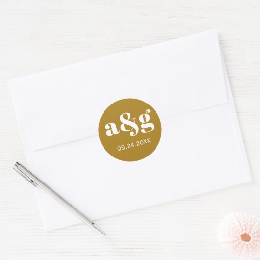 Sticker Rond Mariage monogramme simple et élégant brun doré (Enveloppe)
