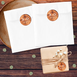 Sticker Rond Mariage Monogramme Tranche d'Arbre en Bois Rustiqu