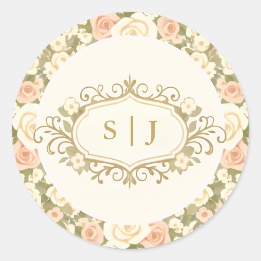 Sticker Rond Mariage Monogramme Vintage Ivoire (Devant)