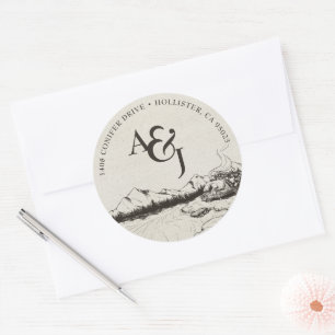 Sticker Rond Mariage Montagnard d'Hiver Rustique Monogramme