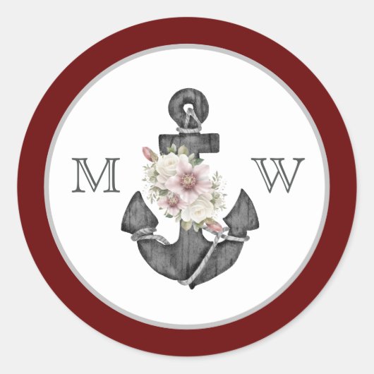 Sticker Rond Mariage nautique Ancre florale Maroon rouge blanc (Devant)