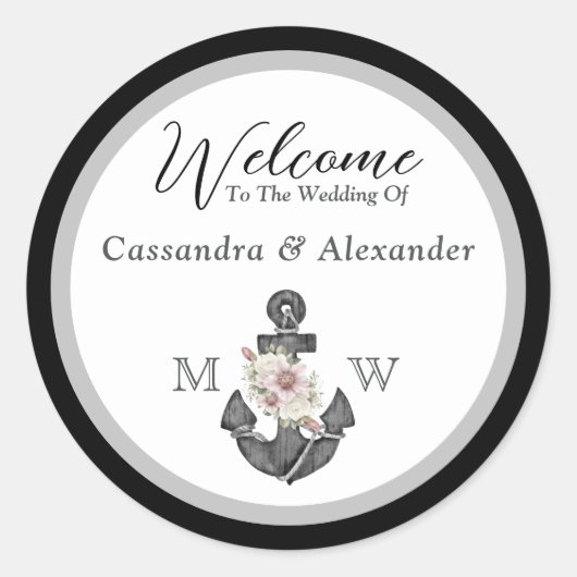 Sticker Rond Mariage nautique Ancre florale noir et blanc (Devant)