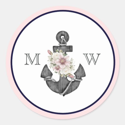 Sticker Rond Mariage nautique Ancre florale rose et marine (Devant)