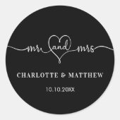 Sticker Rond Mariage noir blanc m. mrs coeur script (Devant)