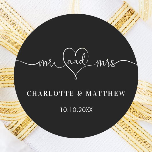 Sticker Rond Mariage noir blanc m. mrs coeur script
