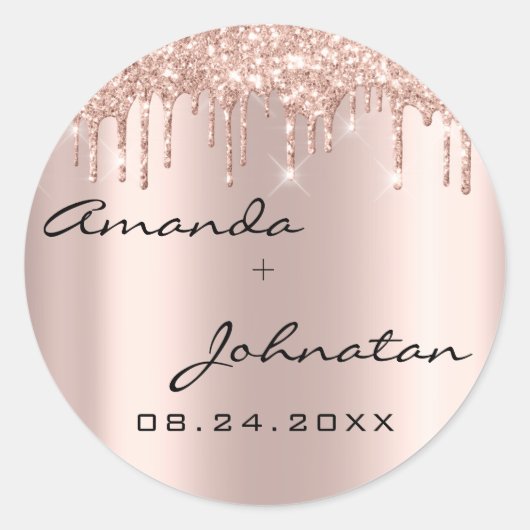Sticker Rond Mariage Noir Date Nom Simplement Rose Drips (Devant)