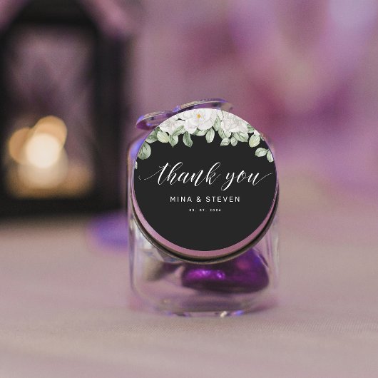 Sticker Rond Mariage noir floral moderne merci