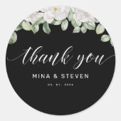 Sticker Rond Mariage noir floral moderne merci (Devant)