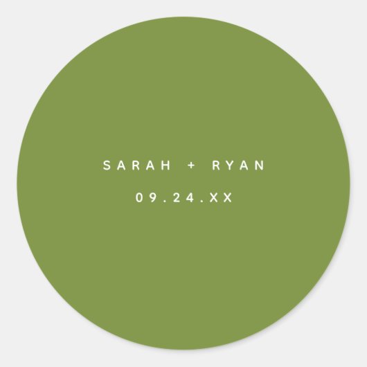 Sticker Rond Mariage Noms Personnalisés Vert Olive Minimaliste (Devant)