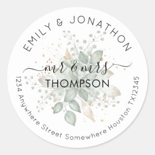 Sticker Rond Mariage Nouveau-Marié Nom Adresse de retour Foliag