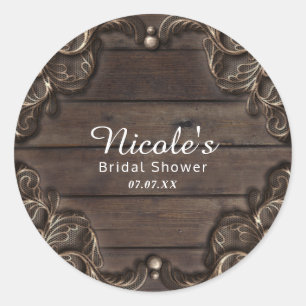 Sticker Rond Mariage Occidental Vintage Rustique en Bois Foncé 