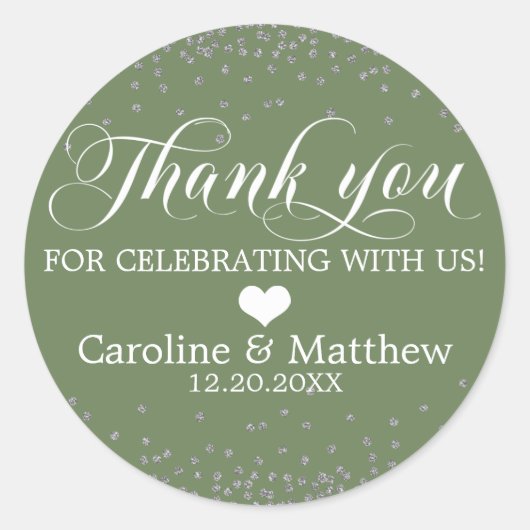 Sticker Rond Mariage Olive Green Sparkle MERCI d'argent (Devant)