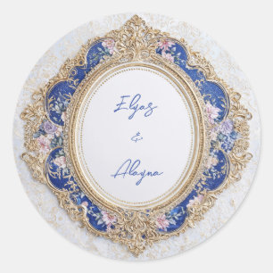 Sticker Rond Mariage Ovale Floral Bleu Doré Victorien Royal