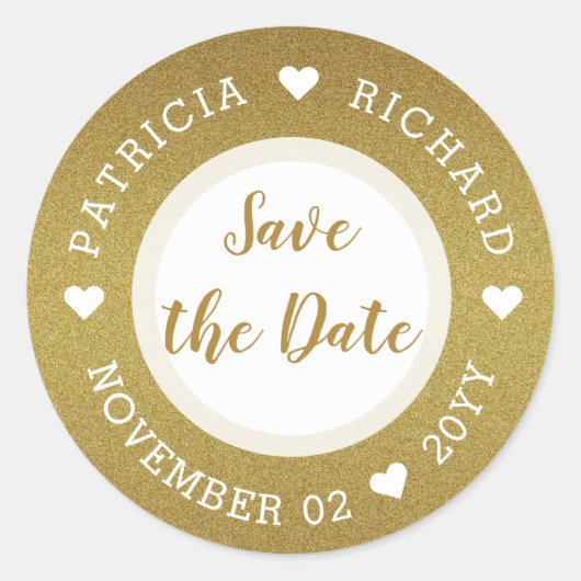 Sticker Rond Mariage Pailleté Or Save The Date (Devant)