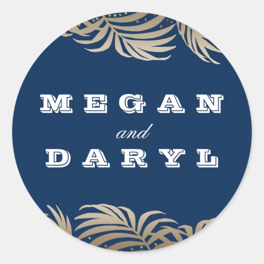 Sticker Rond Mariage Palms Leaf Navy et Gold Beach (Devant)