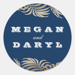 Sticker Rond Mariage Palms Leaf Navy et Gold Beach
