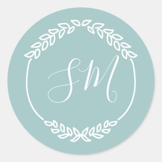 Sticker Rond Mariage Pastel Turquoise feuille blanche couronne (Devant)