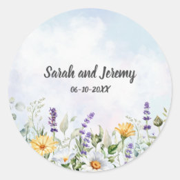 Sticker Rond Mariage personnalisé aquarelle fleur sauvage bohèm