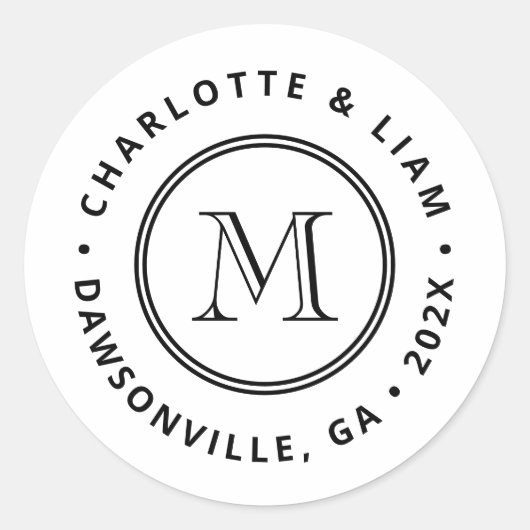 Sticker Rond Mariage personnalisé avec monogramme et date moder (Devant)