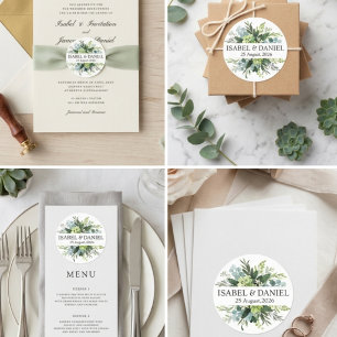 Sticker Rond Mariage personnalisé avec verdure d'eucalyptus