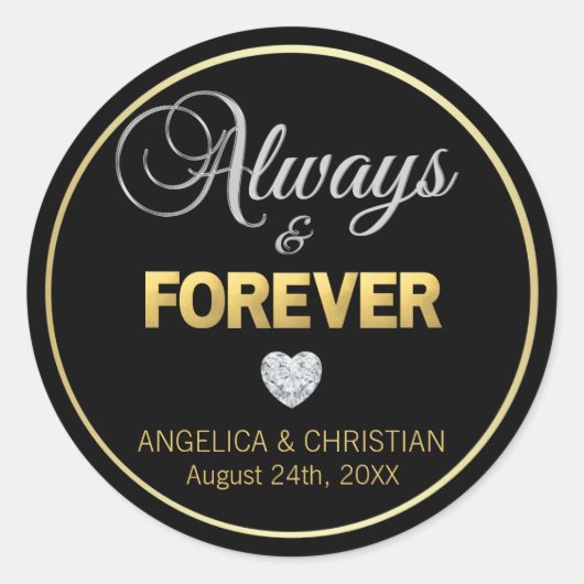 Sticker Rond Mariage personnalisé Black Gold TOUJOURS & FOREVER (Devant)
