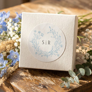 Sticker Rond Mariage personnalisé bleu doux boho floral monogra